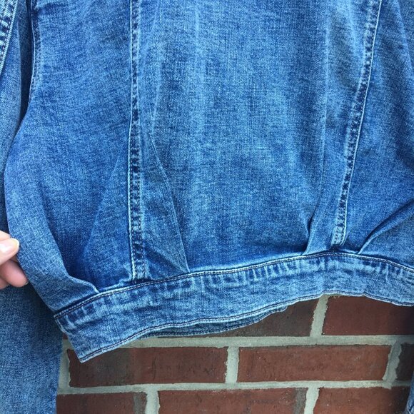 Frayed Jeans Cropped Denim Jacket Large Pleated Distressing Grunge Stone Wash - Picture 3 of 11